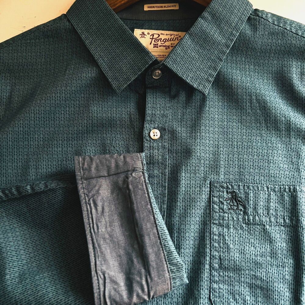 Original Penguin Mens Shirt XL Blue Micro Print Flip cuff Convertible Sleeve